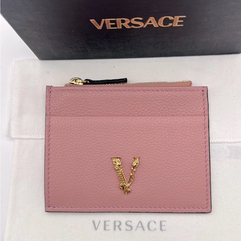 147 Versace Virtus Logo Grained Leather Card Holder Wallet Nwb